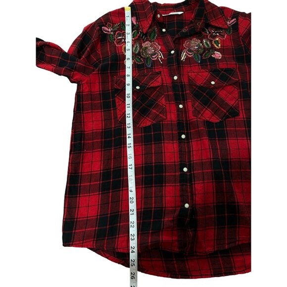 Zara Basic Women's Size M Top Red Plaid Embroidered Beaded Button Up Shirt - Picture 6 of 6